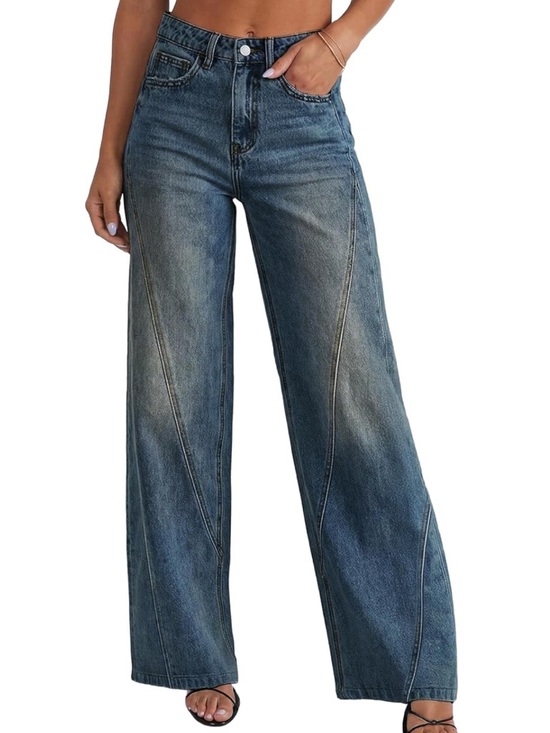 Denim - Jokelamb Women’s Wide Leg Mid High Waisted Baggy Straight Leg Stretchy Jeans